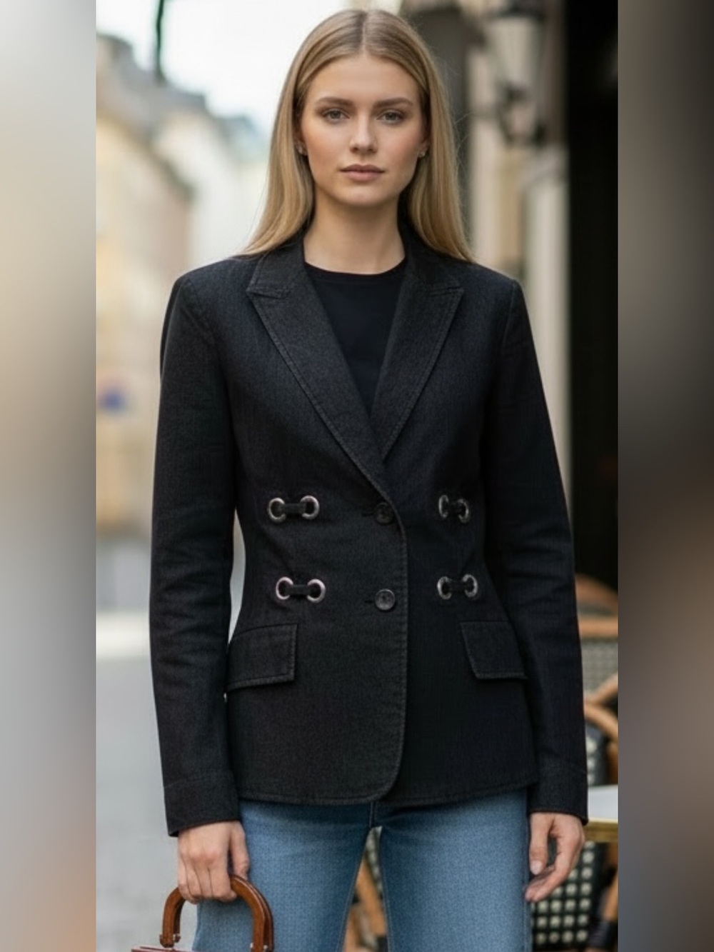 AZUR MILITARY STYLE BLACK DENIM TAILORED STUDDED CHIC BLAZER JACKET SZ L